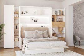Komplet krevet u ormaru BC-01, uzglavlje BC-16, kauč BC-18, 3xLED, ormari BC-21, BC-24, BC-22 - bijeli, madrac - 140x200 cm - bijela/bež