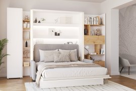 Komplet krevet u ormaru BC-01, uzglavlje BC-16, kauč BC-18, 3xLED, ormari BC-21, BC-24, BC-22 - bijeli, madrac - 140x200 cm - bijela/siva