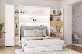 Komplet krevet u ormaru BC-13, uzglavlje BC-33, 1xLED, ormari BC-21, BC-24, BC-22 - bijeli, madrac - 180x200 cm - bijelo/siva
