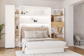 Komplet krevet u ormaru BC-12, uzglavlje BC-17, 1xLED, ormari BC-21, BC-24, BC-22 - bijele, madrac - 160x200 cm - bijela/bež