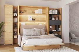 Komplet krevet u ormaru BC-01, uzglavlje BC-16, kauč BC-18, 3xLED, ormari BC-21, BC-24, BC-22 - artisan, madrac - 140x200 cm - artisan hrast/bež