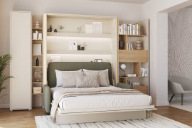 Komplet krevet u ormaru BC-01, uzglavlje BC-16, kauč BC-18, 3xLED, ormari BC-21, BC-24, BC-22 - kašmir, madrac - 140x200 cm - kašmir/zelen