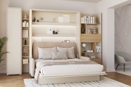 Komplet krevet u ormaru BC-13, uzglavlje BC-33, kauč BC-35, 3xLED, ormari BC-21, BC-24, BC-22 - kašmir, madrac - 180x200 cm - kašmir/bež