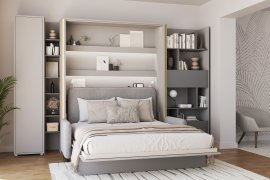 Komplet krevet u ormaru BC-01, uzglavlje BC-16, kauč BC-18, 3xLED, ormari BC-21, BC-24, BC-22 - sivi, madrac - 140x200 cm - siv