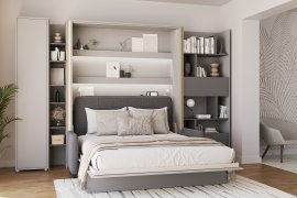 Komplet krevet u ormaru BC-12, uzglavlje BC-17, kauč BC-19, 3xLED, ormari BC-21, BC-24, BC-22 - sivi, madrac - 160x200 cm - siva/grafit