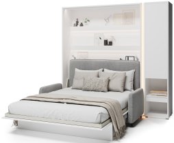 Komplet krevet u ormaru BC-01, uzglavlje BC-16, kauč BC-18, 3xLED, ormari BC-07, madrac - 140x200 cm - bijelo/sivo