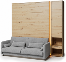 Komplet krevet u ormaru BC-01, uzglavlje BC-16, kauč BC-18, 3xLED, ormari BC-07, madrac - 140x200 cm - artisan hrast/siva