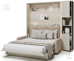 Bed Concept - Komplet krevet u ormaru BC-01, uzglavlje BC-16, kauč BC-18, 3xLED, ormari BC-08, madrac - 140x200 cm - kašmir/bež