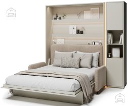 Bed Concept - Komplet krevet u ormaru BC-01, uzglavlje BC-16, kauč BC-18, 3xLED, ormari BC-08, madrac - 140x200 cm - kašmir/bež
