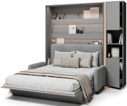 Bed Concept - Komplet krevet u ormaru BC-01, uzglavlje BC-16, kauč BC-18, 3xLED, ormari BC-08, madrac - 140x200 cm - siva