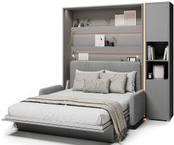 Bed Concept - Komplet krevet u ormaru BC-01, uzglavlje BC-16, kauč BC-18, 3xLED, ormari BC-08, madrac - 140x200 cm - siva