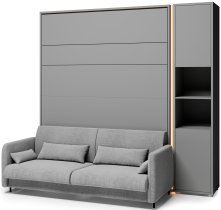 Bed Concept - Komplet krevet u ormaru BC-01, uzglavlje BC-16, kauč BC-18, 3xLED, ormari BC-08, madrac - 140x200 cm - siva