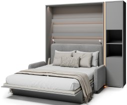 Bed Concept - Komplet krevet u ormaru BC-01, uzglavlje BC-16, kauč BC-18, 3xLED, ormari BC-08, madrac - 140x200 cm - siva