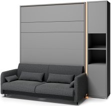Bed Concept - Komplet krevet u ormaru BC-01, uzglavlje BC-16, kauč BC-18, 3xLED, ormari BC-08, madrac - 140x200 cm - siva/grafit