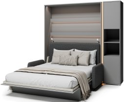 Bed Concept - Komplet krevet u ormaru BC-01, uzglavlje BC-16, kauč BC-18, 3xLED, ormari BC-08, madrac - 140x200 cm - siva/grafit