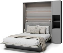 Bed Concept - Komplet krevet u ormaru BC-01, uzglavlje BC-16, 1xLED, ormari BC-08, madrac - 140x200 cm - siva