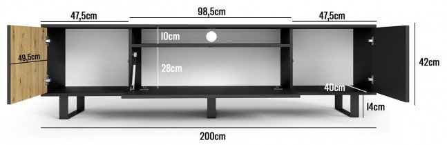 PKMebel - TV komoda Ross 200 cm na metalnim nogama
