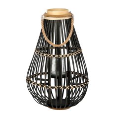 Drveni lampion sa staklenim umetkom - crni - ILS9623