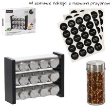 Stalak za začine s tri razine 12 staklenki - srebrno-crno - NIW9226