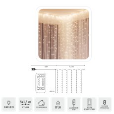 Svjetlosna zavjesa žičke 240l toplo bijela 5x1,5 m, usb, s daljinskim upravljačem - LED8462
