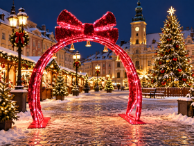 Chomik - 3D LED blagdanska dekoracija – Luk s mašnom i zvončićima - LED9839