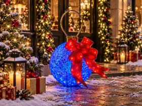 Chomik - 3D LED blagdanska dekoracija – Plava božićna kuglica s mašnom, 80x50 cm - LED9853