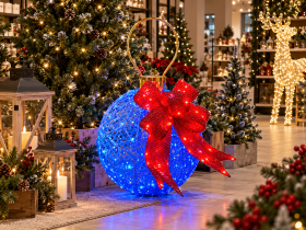 Chomik - 3D LED blagdanska dekoracija – Plava božićna kuglica s mašnom, 80x50 cm - LED9853