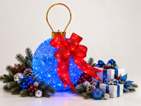 Chomik - 3D LED blagdanska dekoracija – Plava božićna kuglica s mašnom, 80x50 cm - LED9853
