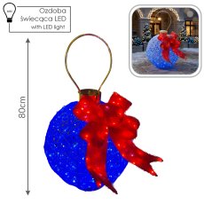 Chomik - 3D LED blagdanska dekoracija – Plava božićna kuglica s mašnom, 80x50 cm - LED9853