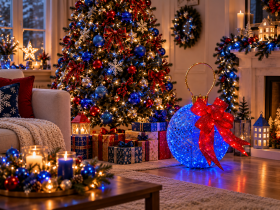 Chomik - 3D LED blagdanska dekoracija – Plava božićna kuglica s mašnom, 80x50 cm - LED9853