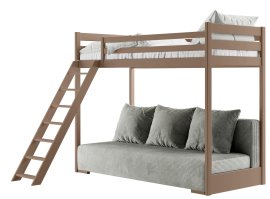 Krevet na kat s dvosjedom Sofino - 90x200/140x200 cm - mliječna čokolada, siva tkanina Zoom 15 Sage