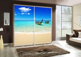 Ormar s kliznim vratima s grafikom Plaža 2 Penelopa 205 cm - hrast riviera