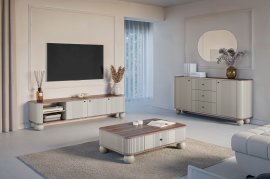 Dnevni boravak i spavaća soba Vesper - kašmir/orah, na okruglim nogama, zlatne ručke