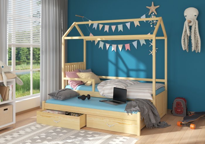 ADRK Furniture - Dječji krevet Jonaszek s zaštitnom ogradom - 90x200 cm - naravni borovina 