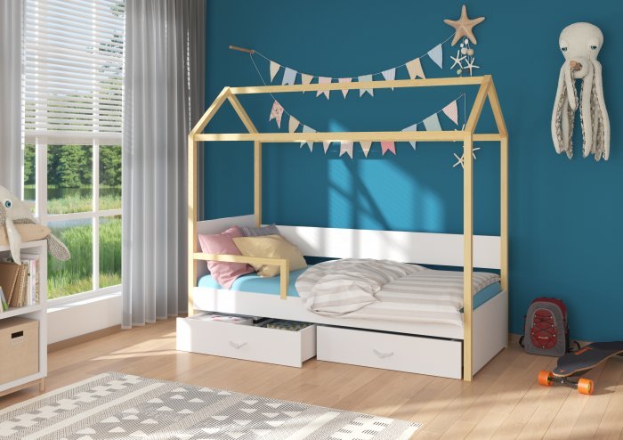 ADRK Furniture - Dječji krevet Otello s zaštitnom ogradom - 90x200 cm - borovina/bijelaa  