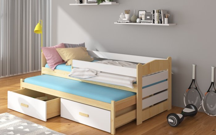 ADRK Furniture - Dječji krevet Tiarro s zaštitnom ogradom - 90x200 cm - bor/bijela