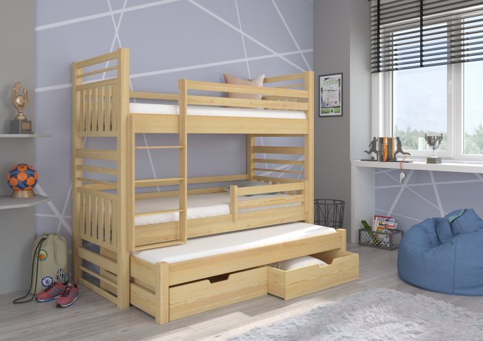 ADRK Furniture - Krevet na kat Hippo s dodatnim ležajem - 90x200 cm - borovina